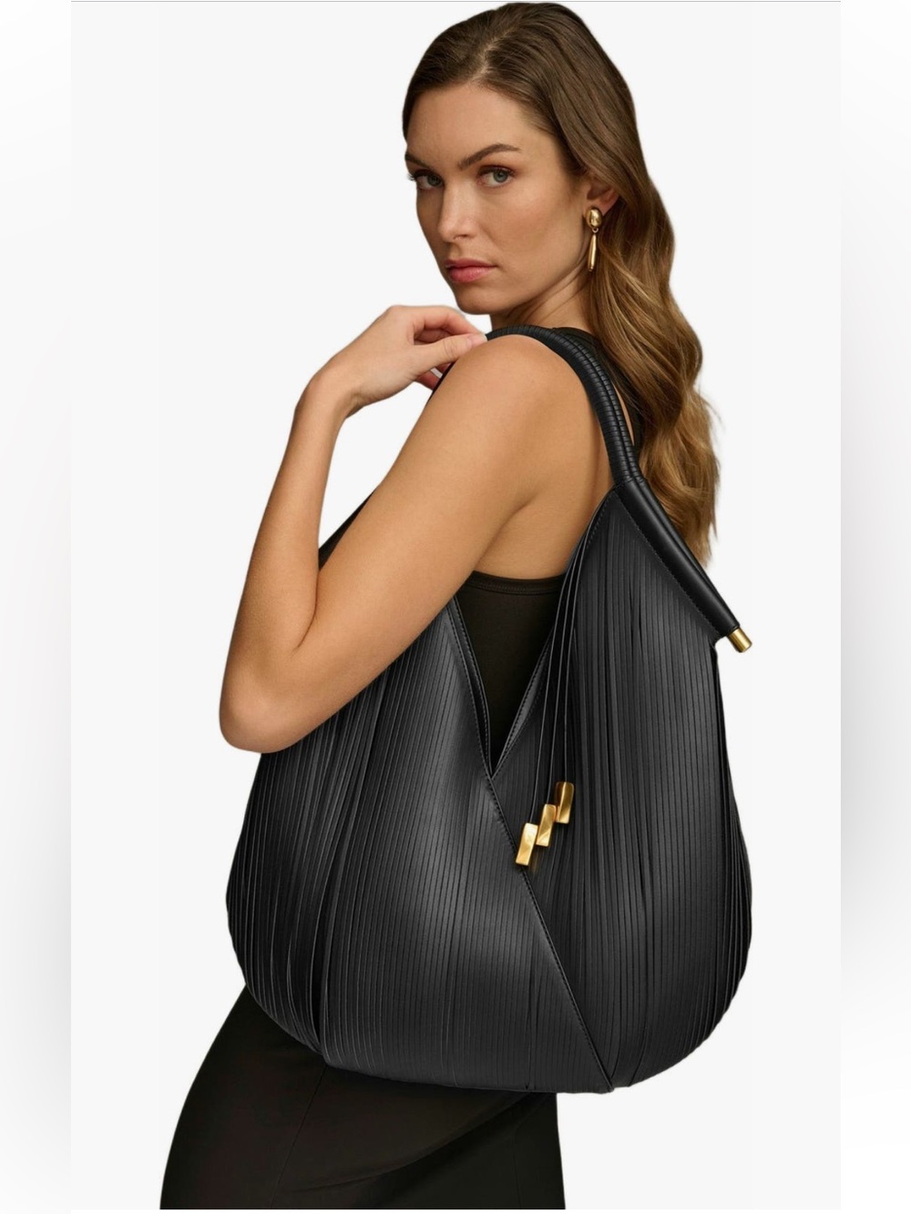 Donna Karan New York Black Baldwin Pleated Hobo Shoulder Bag Large - Picture 13 of 17